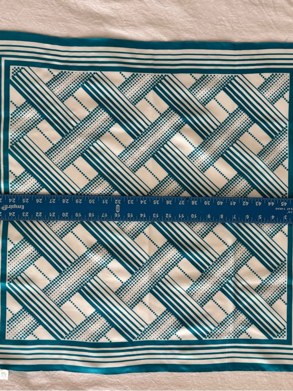 Teal & Cream Geometric Silk Scarf Square Head Neck Tie Retro Chic Accessory - Picture 7 of 7